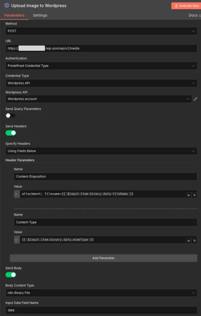 n8n HTTP Request 節點設定圖片上傳至 WordPress 媒體庫