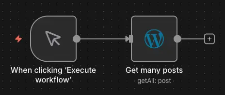 n8n 工作流程編輯器顯示 WordPress 測試節點