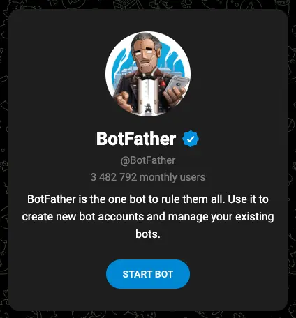 BotFather 官方頁面顯示 START BOT 按鈕和帳號介紹