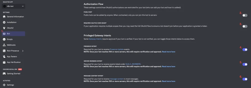 Discord Developer Portal 的 Bot 設定頁面，顯示授權流程和特權閘道意圖選項