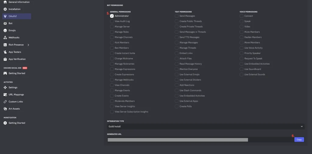 Discord Developer Portal 的 Bot 權限設定頁面，顯示各項權限勾選和 Generated URL