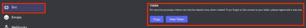 Discord Developer Portal 的 Bot 頁面，標示 Token 區塊和複製按鈕