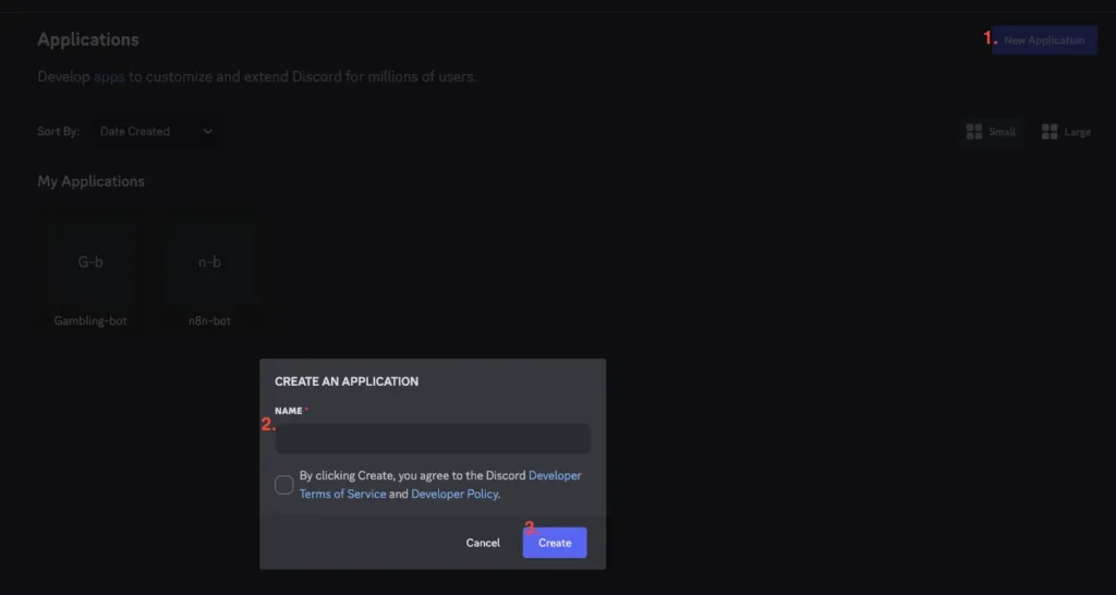 Discord Developer Portal 的 Applications 頁面，顯示建立新應用程式的對話框