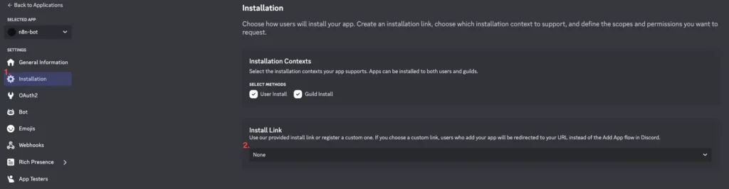 Discord Developer Portal 的 Installation 設定頁面，Install Link 設為 None