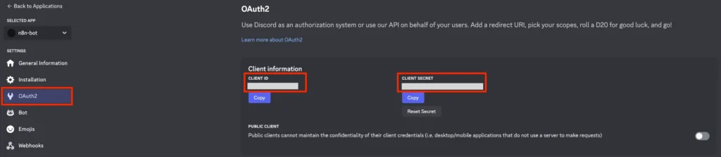 Discord Developer Portal 的 OAuth2 頁面，標示 Client ID 和 Client Secret 欄位位置