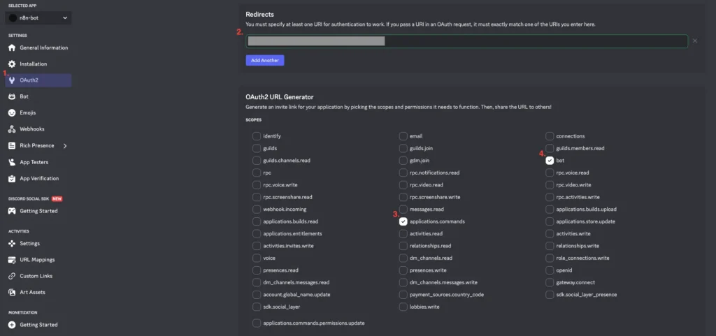 Discord Developer Portal 的 OAuth2 頁面，顯示 Redirects URL 和 Scopes 權限勾選