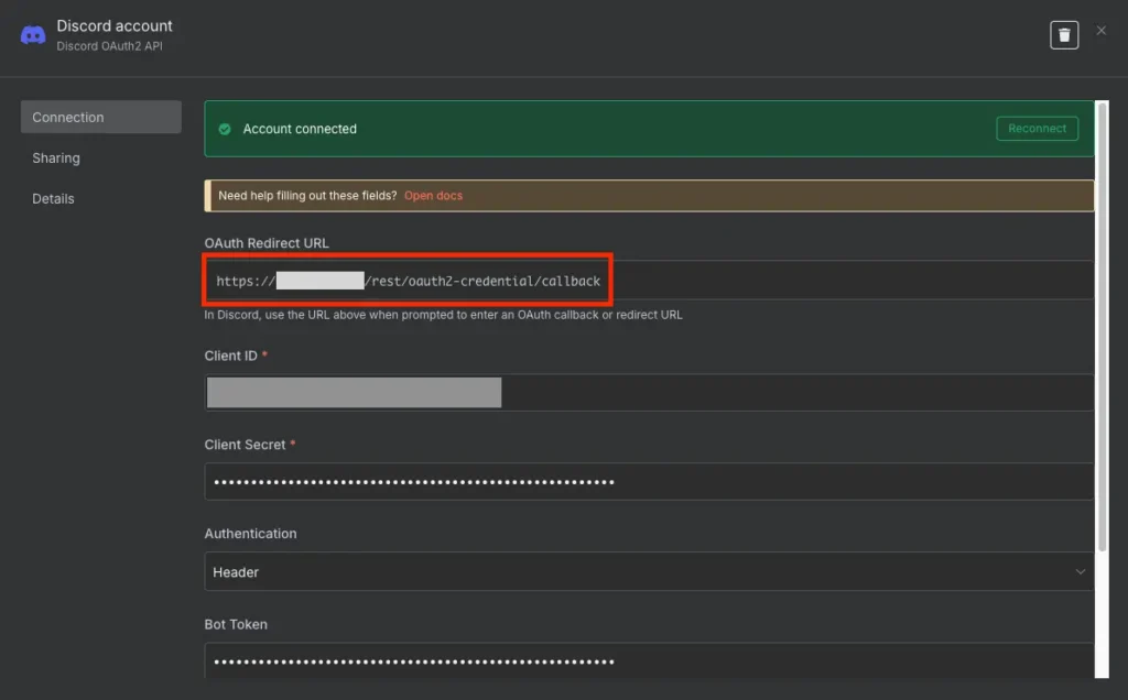 n8n 的 Discord 憑證設定頁面，顯示 OAuth Redirect URL 與連線狀態