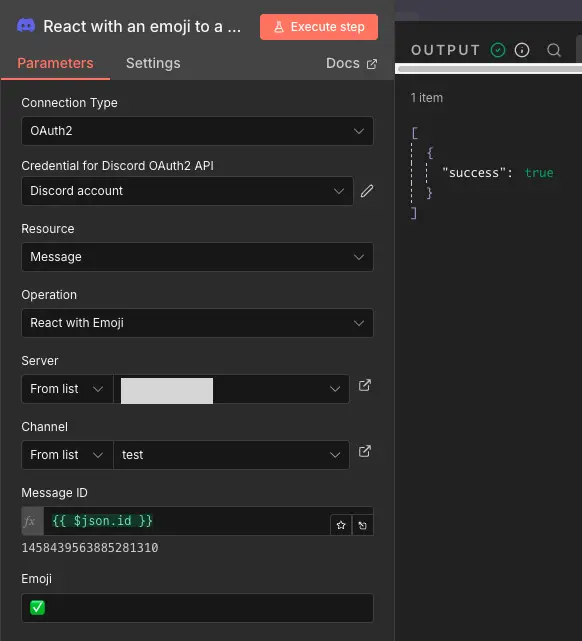 n8n Discord Reaction 節點設定，顯示 Message ID 引用和 Emoji 欄位