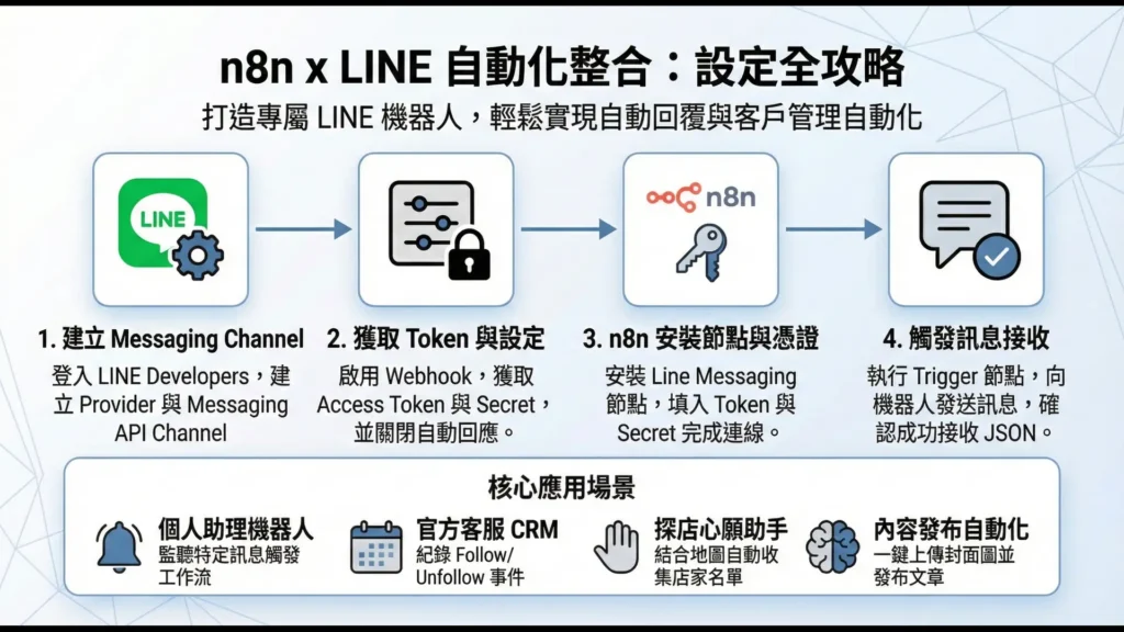 n8n 整合 LINE Bot 設定流程圖：從建立 Messaging Channel 到觸發訊息接收的 4 步驟與核心應用場景