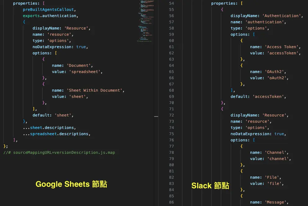 Google Sheets 與 Slack 節點的 properties 結構對比，展示不同節點的 JSON 格式差異