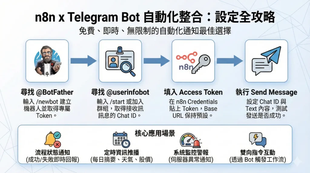 n8n 整合 Telegram Bot 設定流程圖：從 BotFather 建立機器人到執行 Send Message 的 4 步驟與核心應用場景