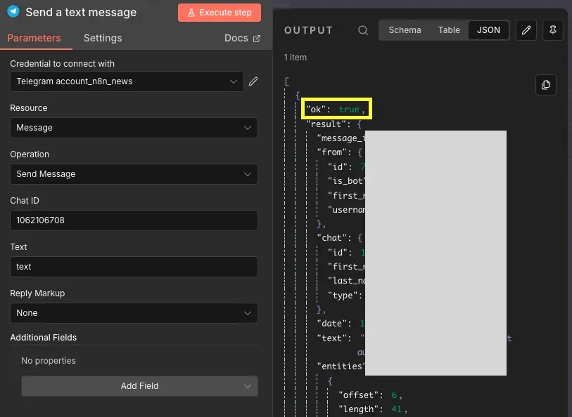 Telegram 節點執行成功顯示 JSON 回傳結果 ok: true