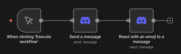 n8n 工作流程顯示 Send a message 節點連接到 React with an emoji 節點